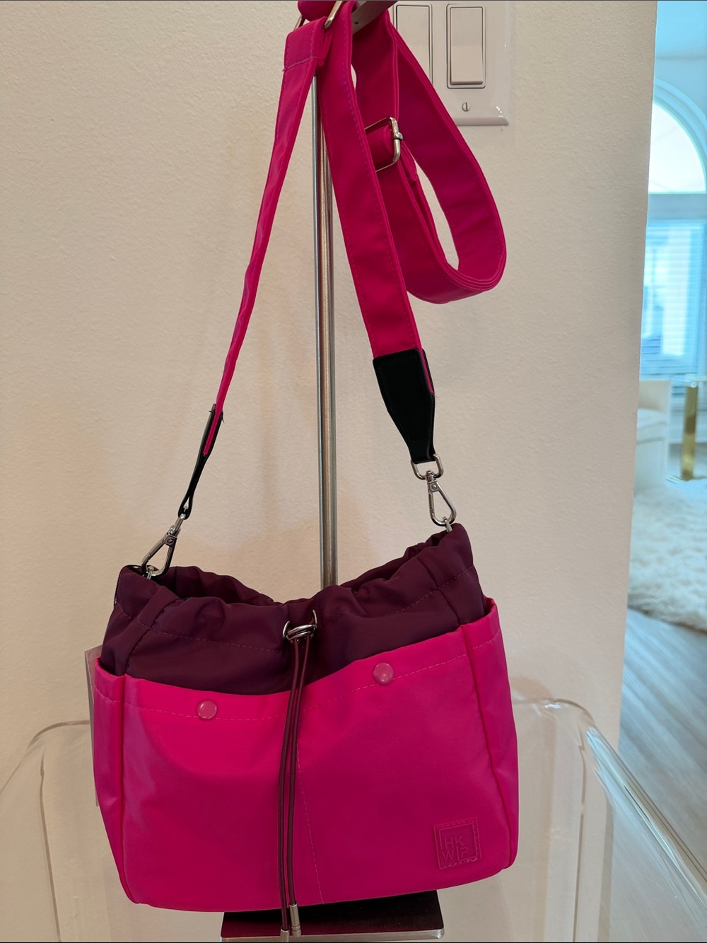 Hot Pink and Plum Women's Nylon Crossbody Bag with Adjustable Strap